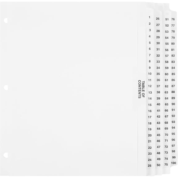 Exhibitindexes® Numbered Dividers 1-100 Punched - Side Collated Exhibit Tabs