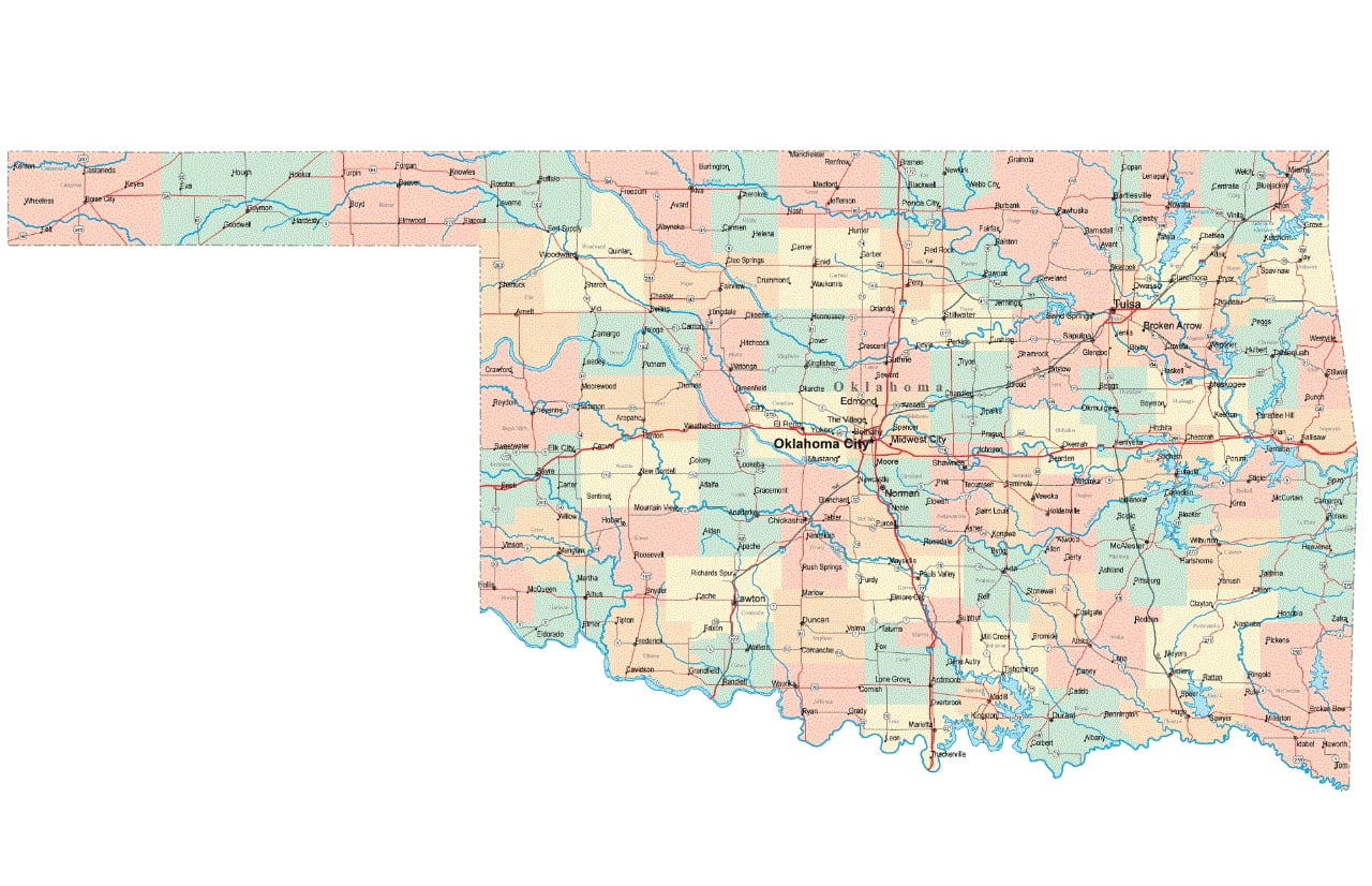 Oklahoma Map With Cities And Counties Oklahoma State Road Map City County Okc Ok-12 Inch By 18 Inch Laminated  Poster With Bright Colors And Vivid Imagery-Fits Perfectly In Many  Attractive Frames - Walmart.com