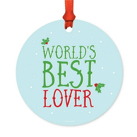 Funny Metal Christmas Ornament, World's Best Lover, Holiday Mistletoe, Includes Ribbon and Gift