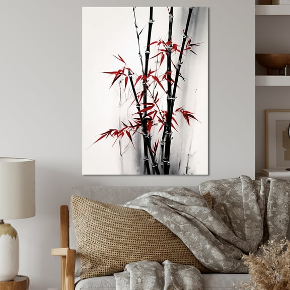 Designart "Red and Grey Bamboo of Japan II" Floral Metal Wall Art Prints