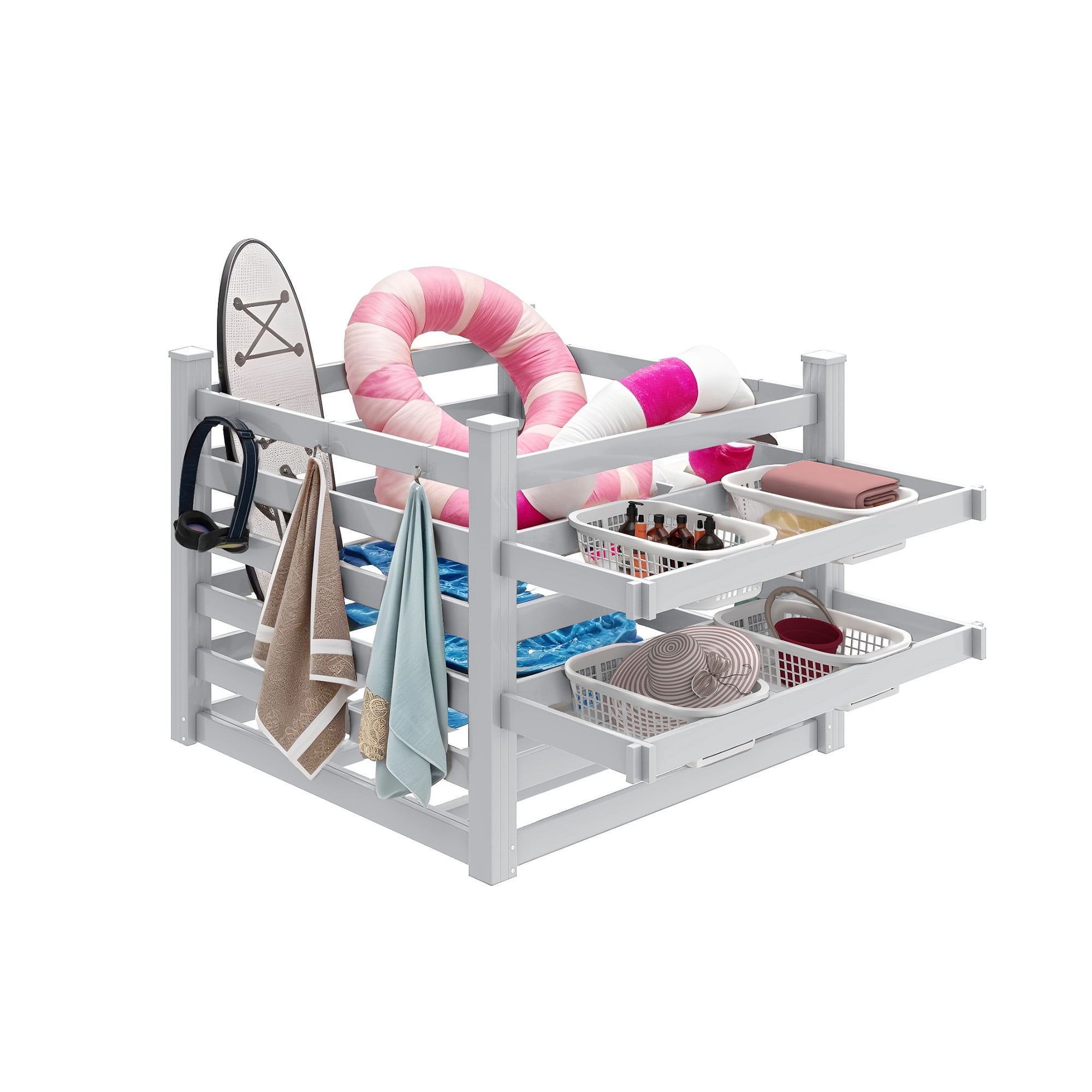 Uforic Outdoor Waterproof Storage Organizer with 6 Hooks, Pool Deck Box, Patio Bin, 64"W x 47"L x39"H, Light Gray