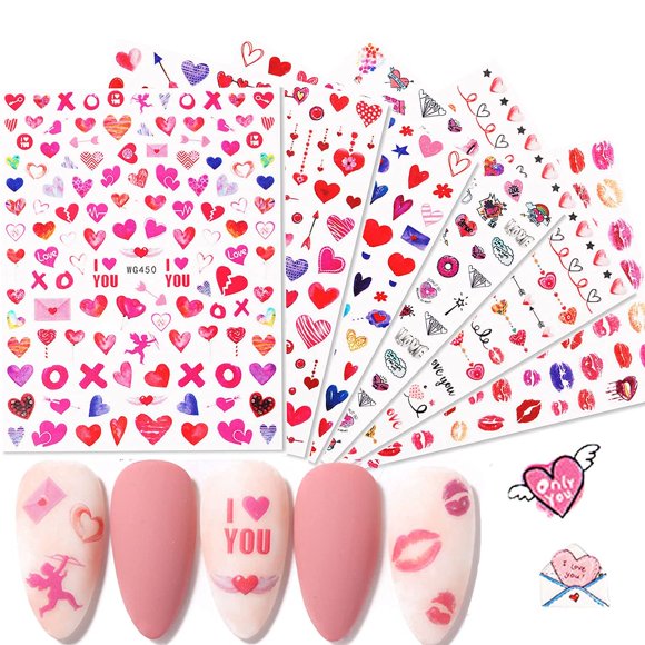 Corazones Nail Art Pegatinas Calcomanías 3D Autoadhesivas Rojo Amor Corazón Día de San Valentín Suministros de Uñas Labios Cupido Flecha Ángel Diseño de Uñas para Mujeres Niñas DIY Acrílico Decoración