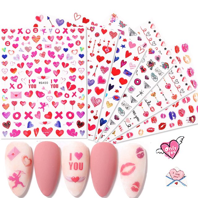 Corazones Nail Art Pegatinas Calcomanías 3D Autoadhesivas Rojo Amor Corazón Día de San Valentín Suministros de Uñas Labios Cupido Flecha Ángel Diseño de Uñas para Mujeres Niñas DIY Acrílico Decoración