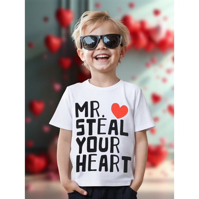 Heart & Letter Print Short Sleeve T-Shirt, Valentine's Gift For Young Boy