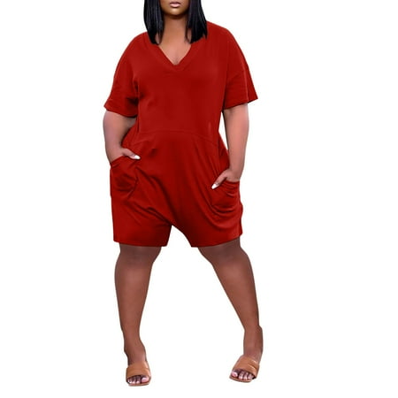 

Jumpsuit For Women Comfortable Leg Pockets Neck Short Sleeve Wide V Short Romper Red M
