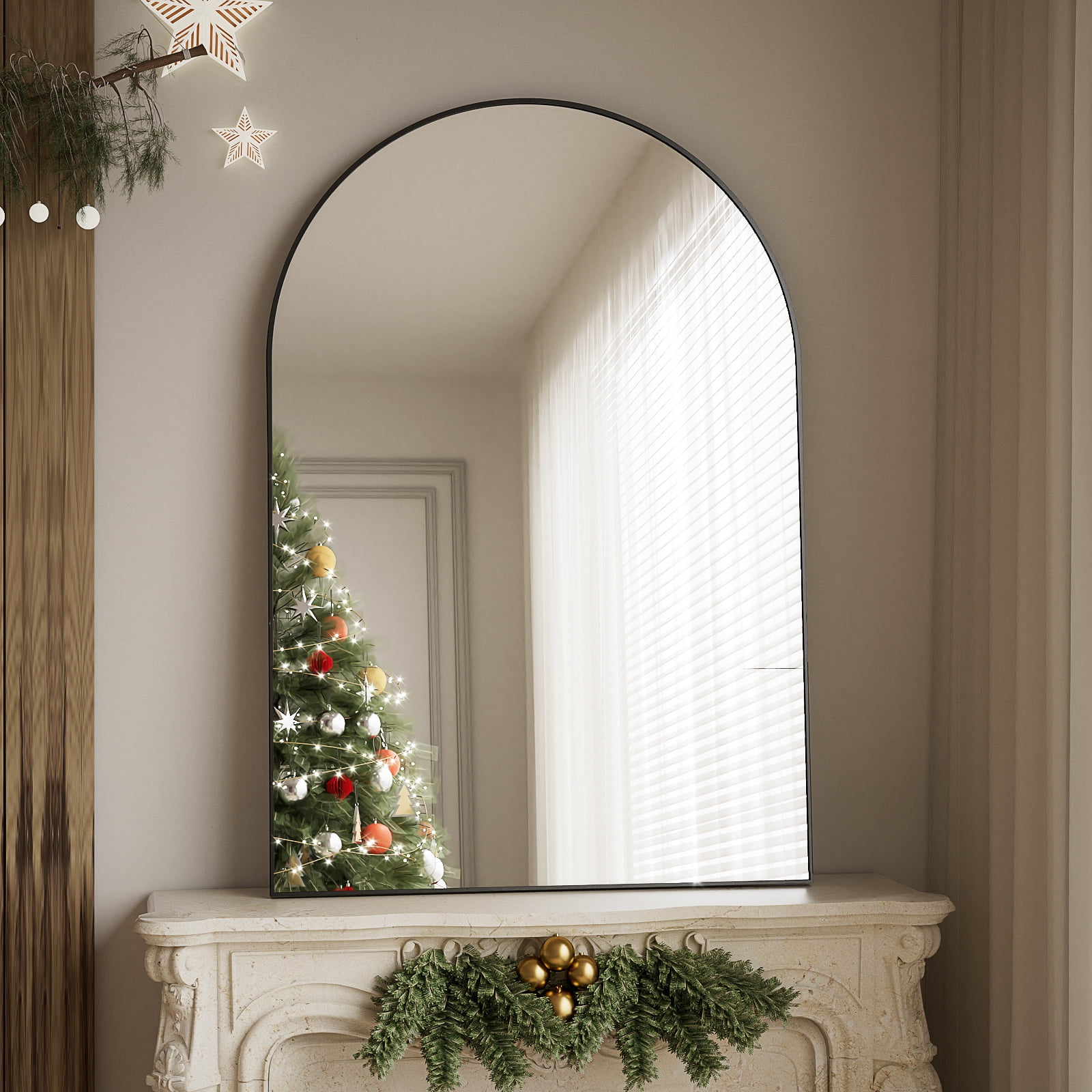 BEAUTYPEAK 26"x38" Arched Bathroom Mirror Wall-mounted Mirror,Black