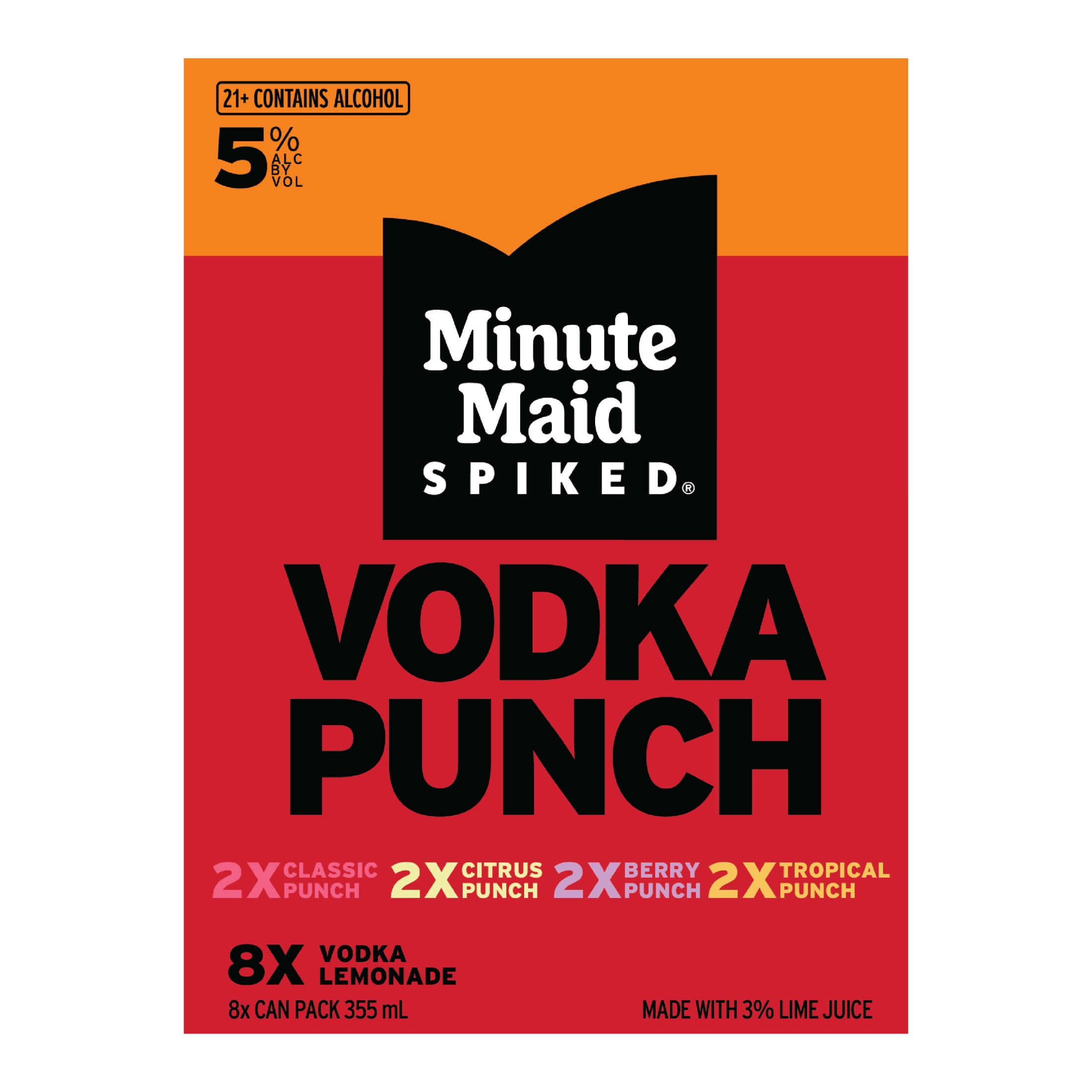 Minute Maid Spiked Vodka Punch Variety Pack Classic, Berry, Citrus and Tropical RTD, 8x12 fl oz, 10 Proof (5% ABV)
