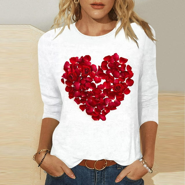 RKSTN Valentines Gifts 3/4 Length Sleeve Womens Tops Oversized Crewneck Valentine's Day Graphic Printed Short Sleeve T Shirt Womens Casual Round Neck Loves Heart Print Three Quarter Sleeve Shirts
