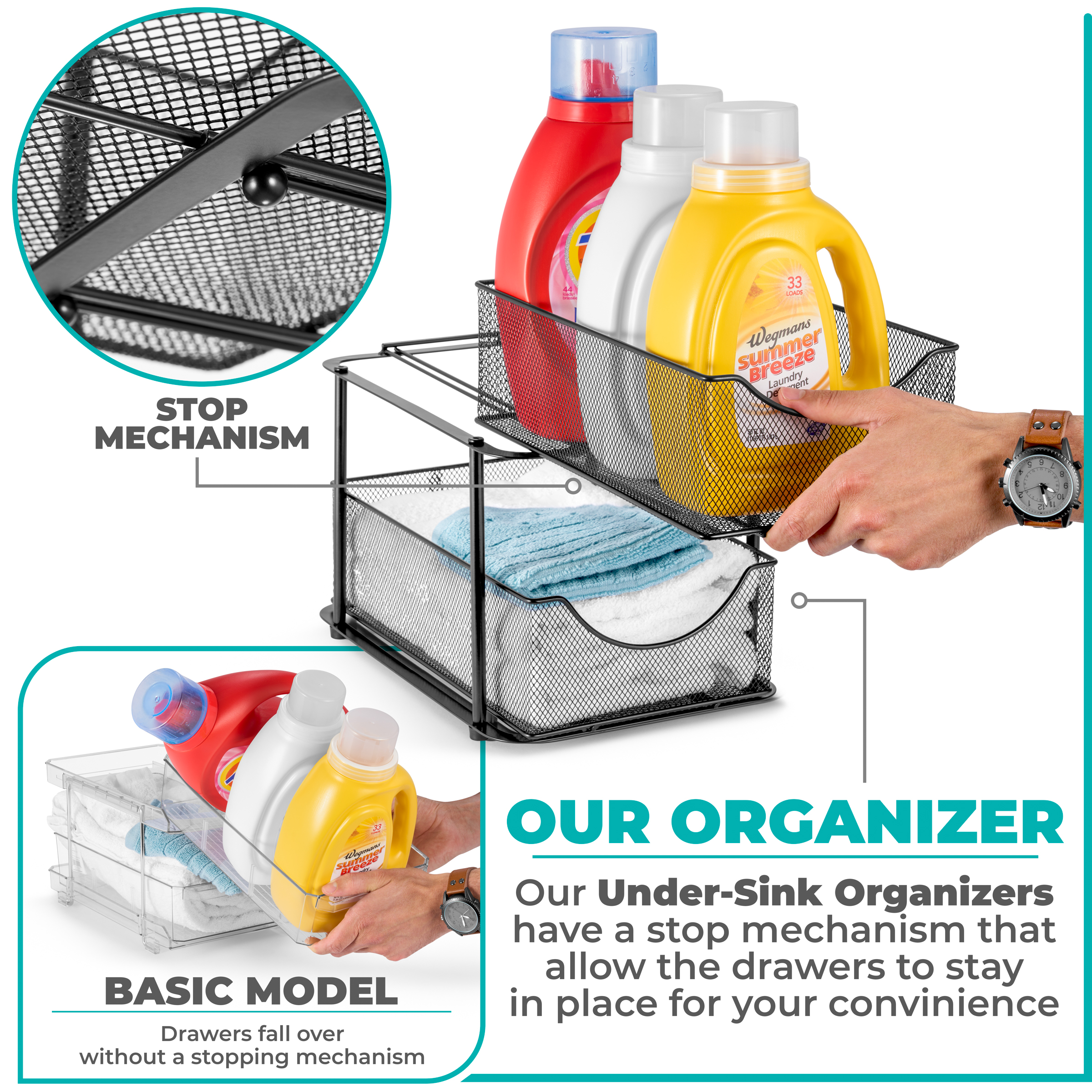 Sorbus 2 Sets of 2 Tier Metal Under Sink Organizer for Bathroom, Kitchen, Strong Steel Mesh Sliding Drawers for Under Sink, Under Cabinet, Closet, Kitchen, Pantry, Bathroom Organizers and Storage
