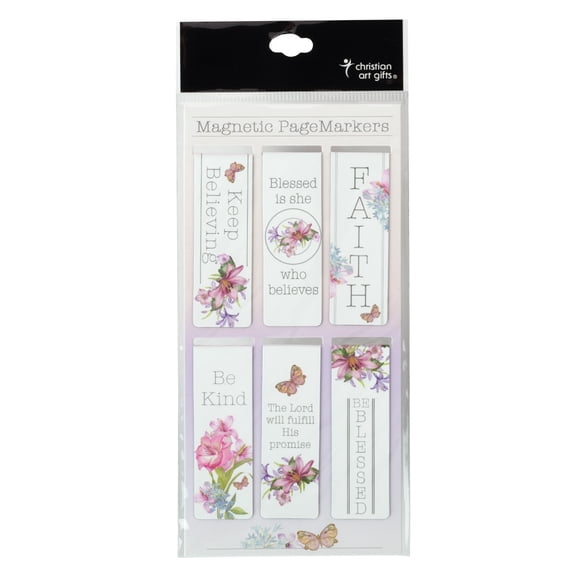 Christian Art Gifts Set of 6 Pink Purple Lilly with Butterfly Believe Faith Blessed Inspirational Magnetic Bible Verse Bookmark with Scripture, Size Small 2.3" x .75"