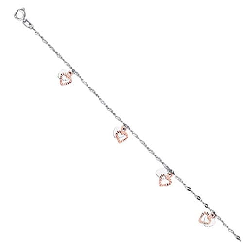 JewelStop 14k Solid 2 Tone Gold Combination Hearts Anklet 10" w/Spring Ring Clasp