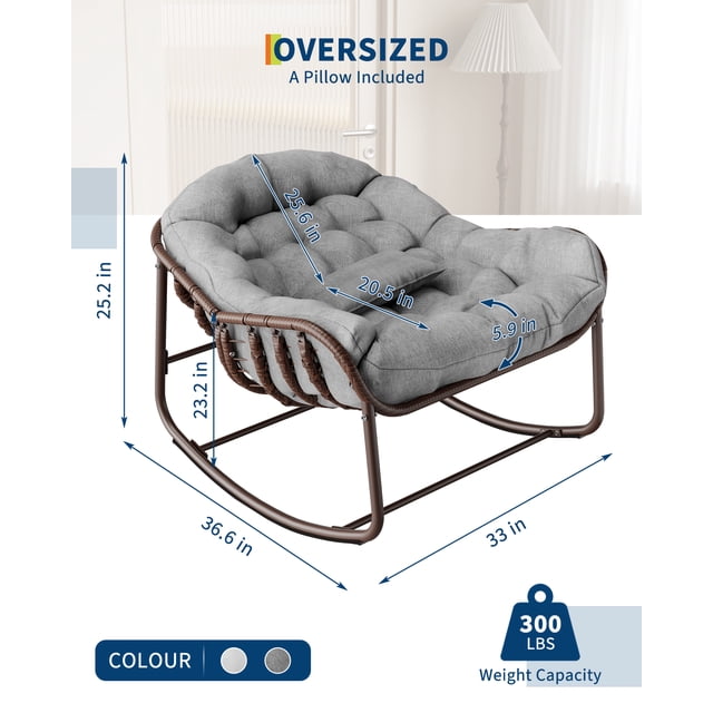 Oversized Outdoor Papasan Rocking Chair, Wicker Rattan Egg Lounge Chair with Durable Metal Frame, Comfortable Seating for Patio, Porch & Backyard