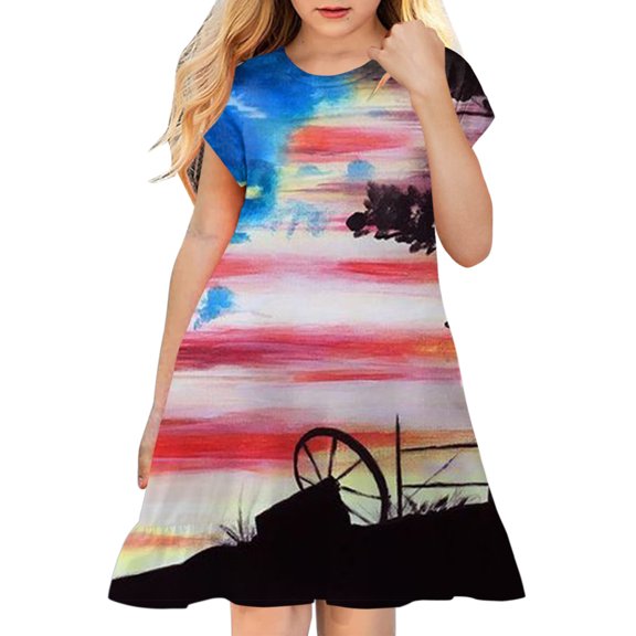 TOWED22 Toddler Baby Girl 4th of July Dress Ruffle Short Sleeved American Flag Denim Tutu Dress A-line Skirt Princess Sundress(Hot Pink,9-10 Y)