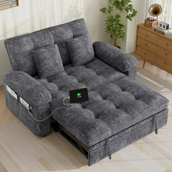 3 in 1 Convertible Sleeper Sofa Bed with USB Ports & Side Pockets, 59” Pull Out Couch Bed for Living Room/RVs/Camper, Loveseat Sofa with Adjustable Backrest, Chenille Grey