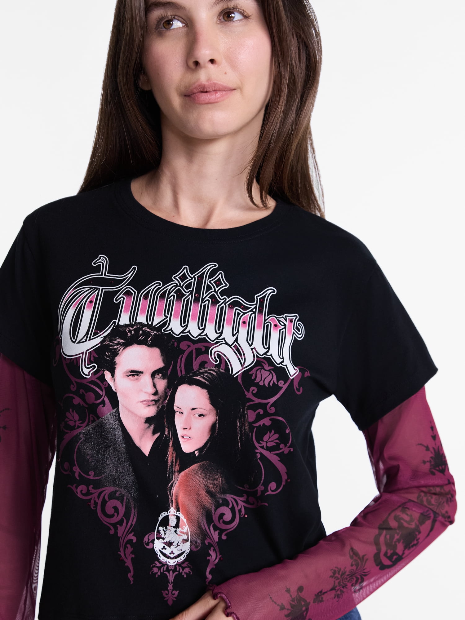 Twilight Women's Layered Mesh Tee with Long Sleeves, Sizes XXS-XXSL