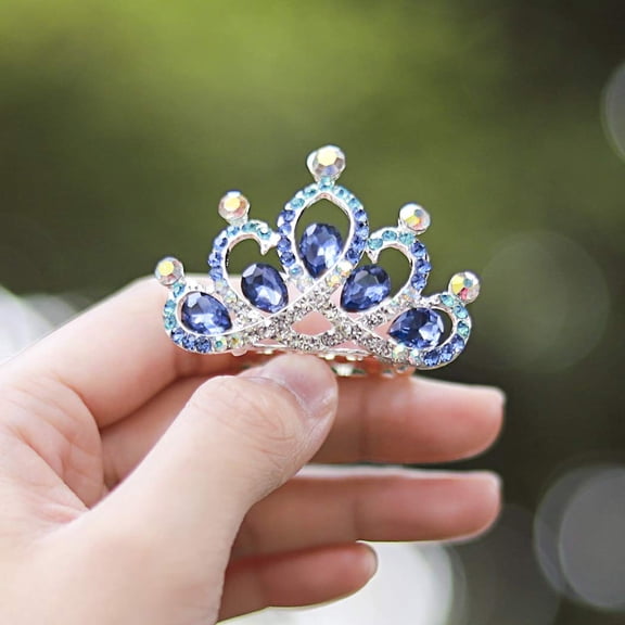 Princess Crown Comb Mini Crystal Tiara Hair Comb Silver Rhinestone Tiara Birthday Party Favors Decorations and Accessories for Girls (Blue)