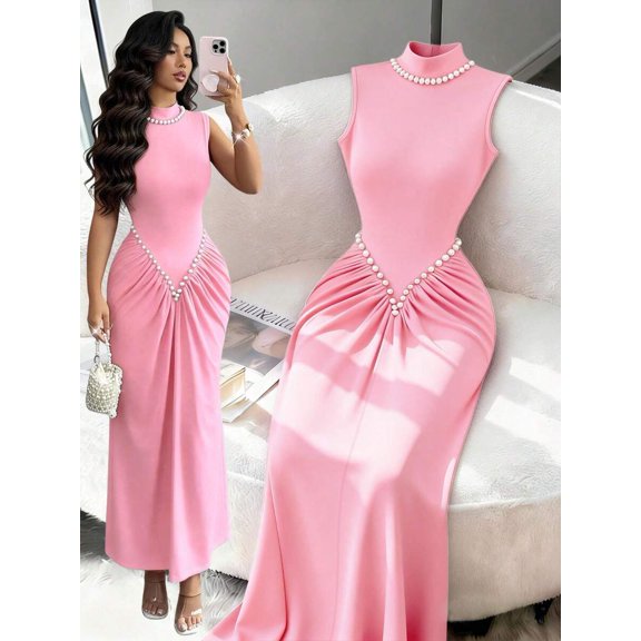 Pink Semi-High Neck Sleeveless Knitted Pleated Maxi Dress With Pearl Embellishment, Elegant Evening Gown