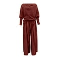 thumbnail image 5 of Women's Off Shoulder Satin Two Piece Set, Elegant Crop Top and Wide Leg Pants, Tie Waist Casual Set, Evening Outfit, Beach Party Jumpsuit Alternative Brick Red XXXL, 5 of 6