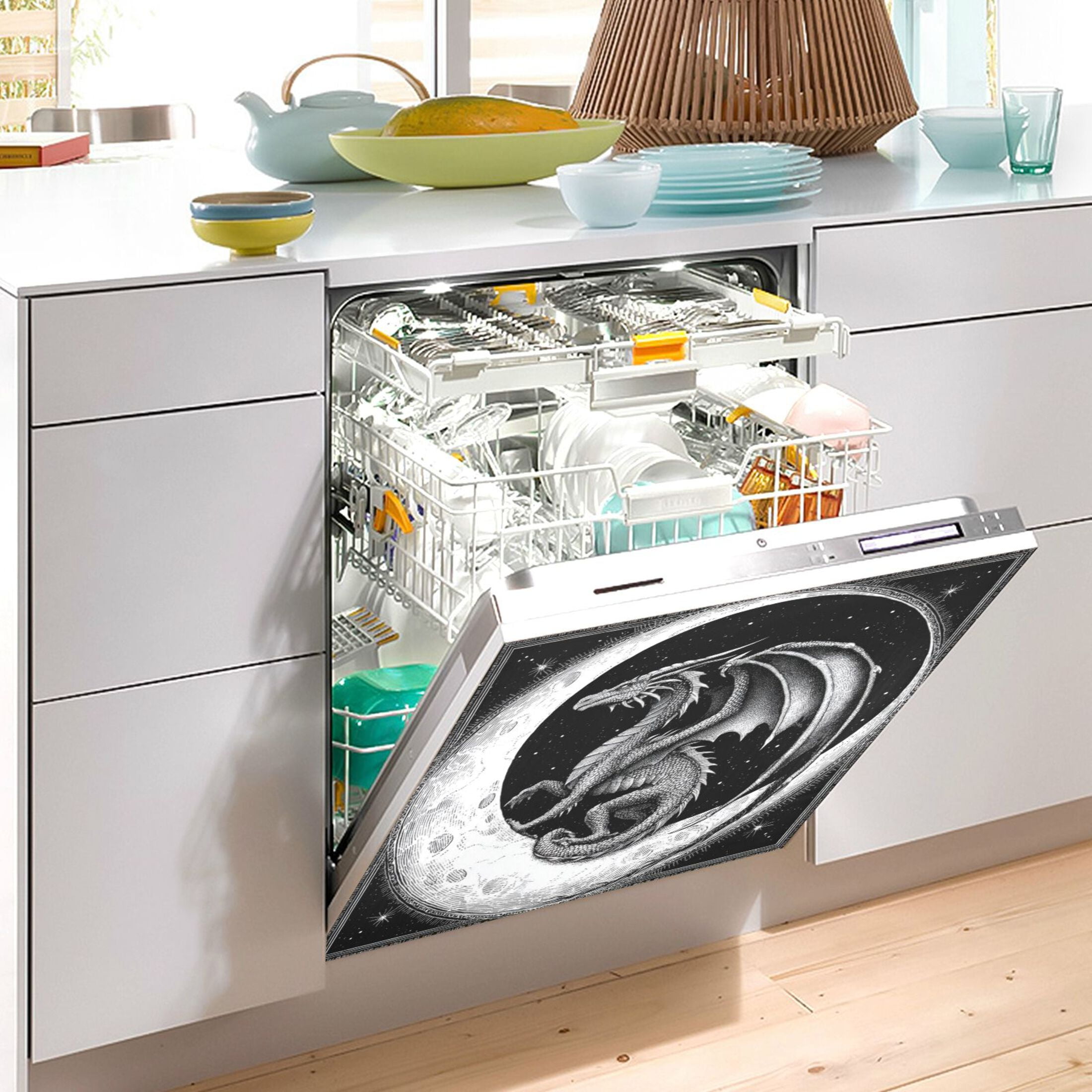 Dishwasher Magnetic Refrigerator Magnet Cover Sticker Home Decorative 23"x26" A Black Dragon