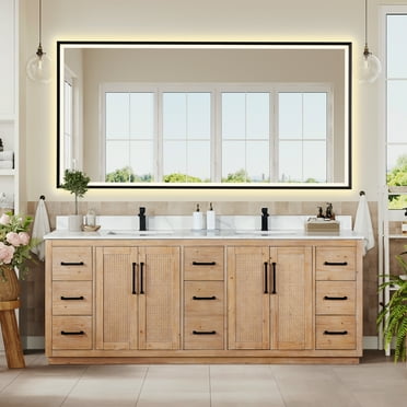 Floral 84" Wood Vanity in Light Brown Calacatta White Quartz Top with Mirror