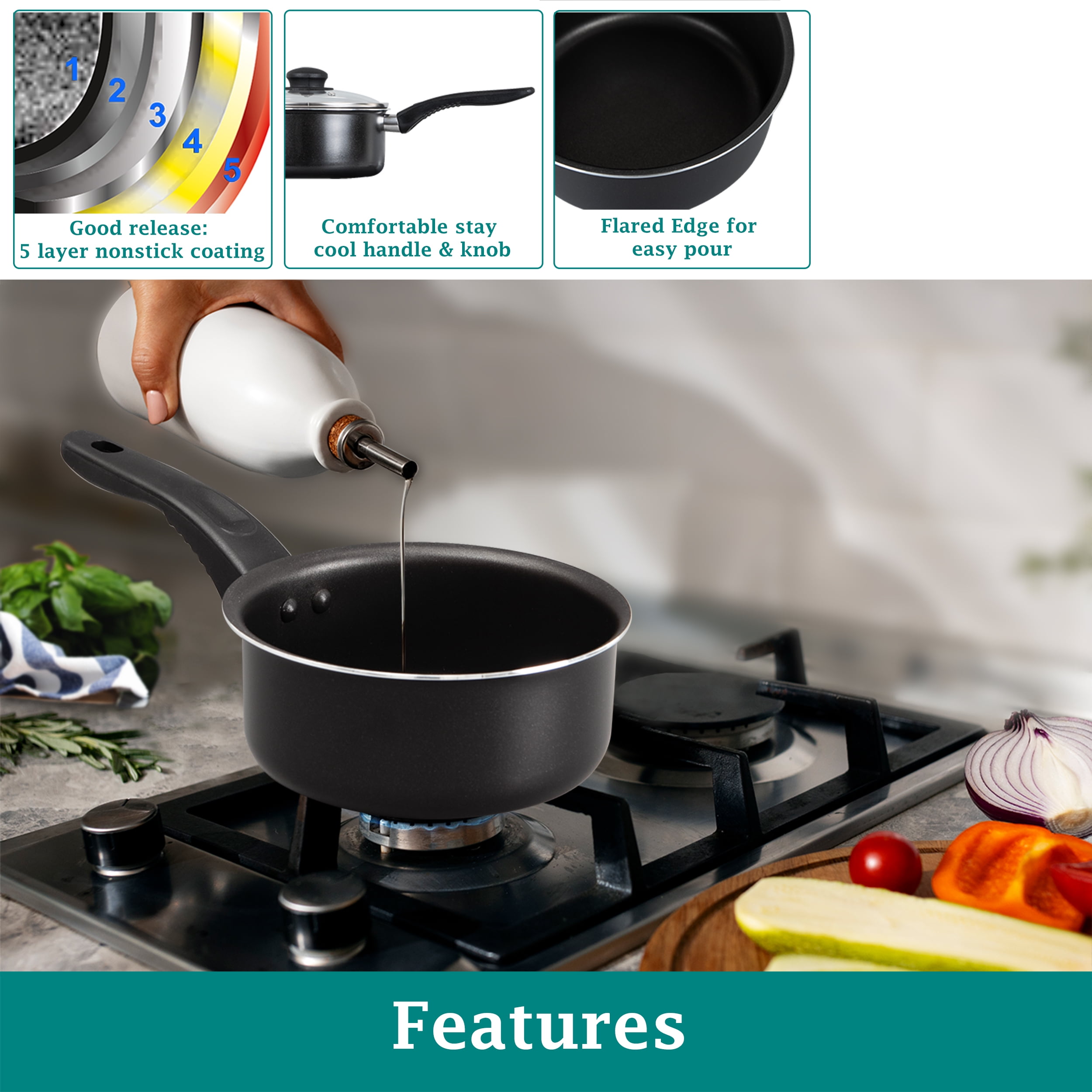 Mainstays 3-Piece Nonstick Sauce Pan Set, Black, 1 Qt & 2 Qt with Single Glass Lid