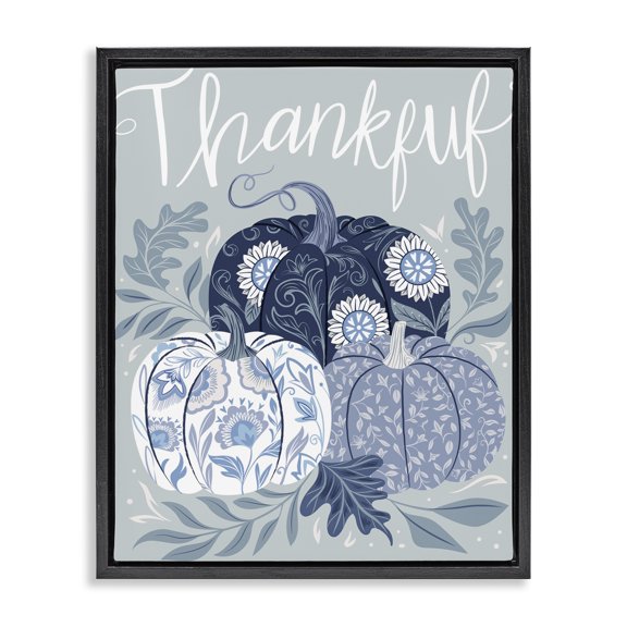 Stupell Industries Rustic Lodge Thankful Ornate Floral Pumpkins Black Floating Frame Canvas Art, 17 x 21, by Arrolynn Weiderhold