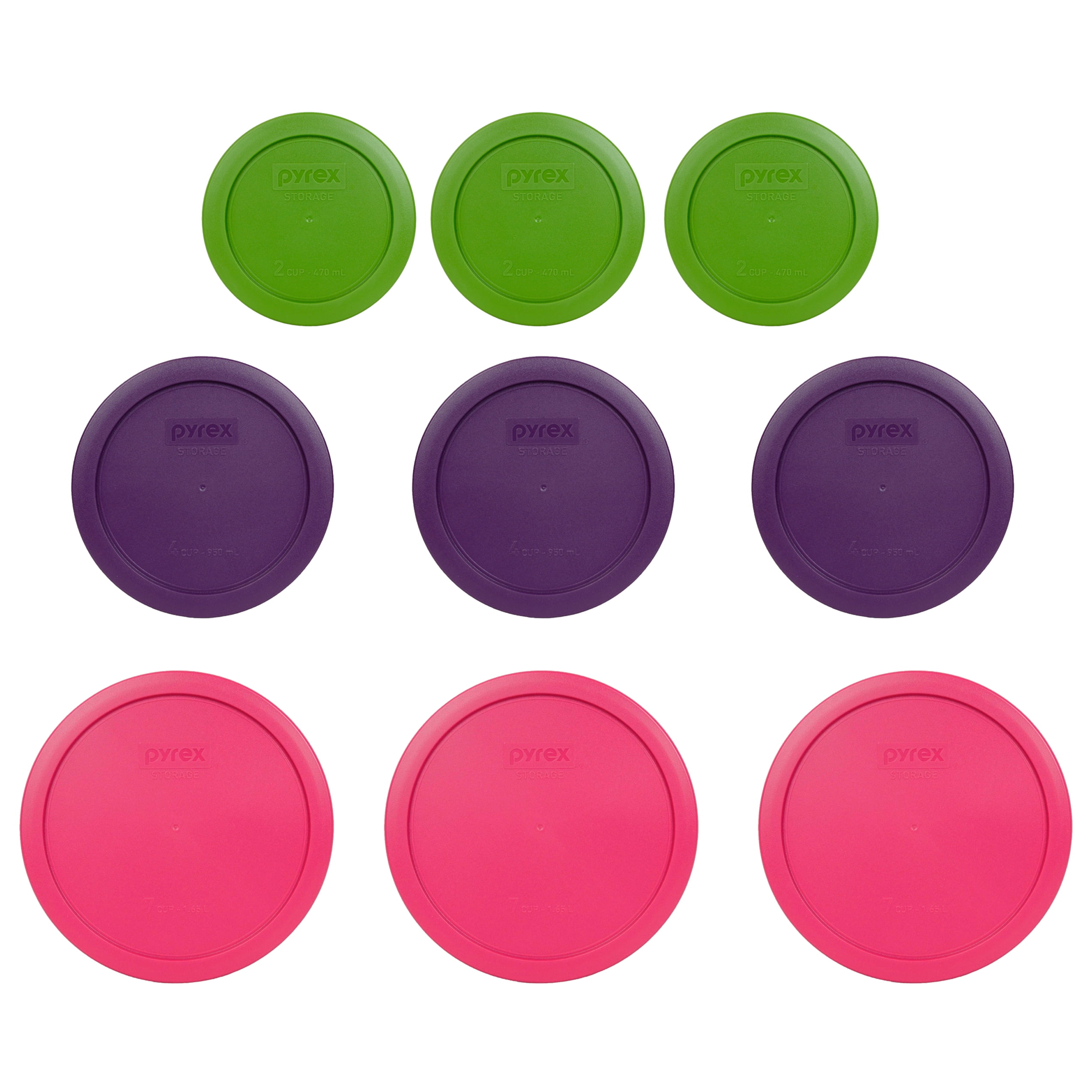 Pyrex Replacement Lid (3) 7200PC 2Cup Green, (3) 7201PC 4Cup Purple, and (3) 7402PC 6/7Cup
