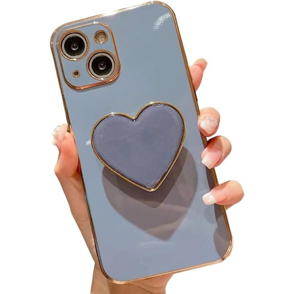 Compatible with iPhone 15, Blue Phone Case with Heart Holder Stand Kickstand Soft TPU Shockproof Protective Cover, Luxury Plating Bumper Case for Girls Women (for iPhone 15)