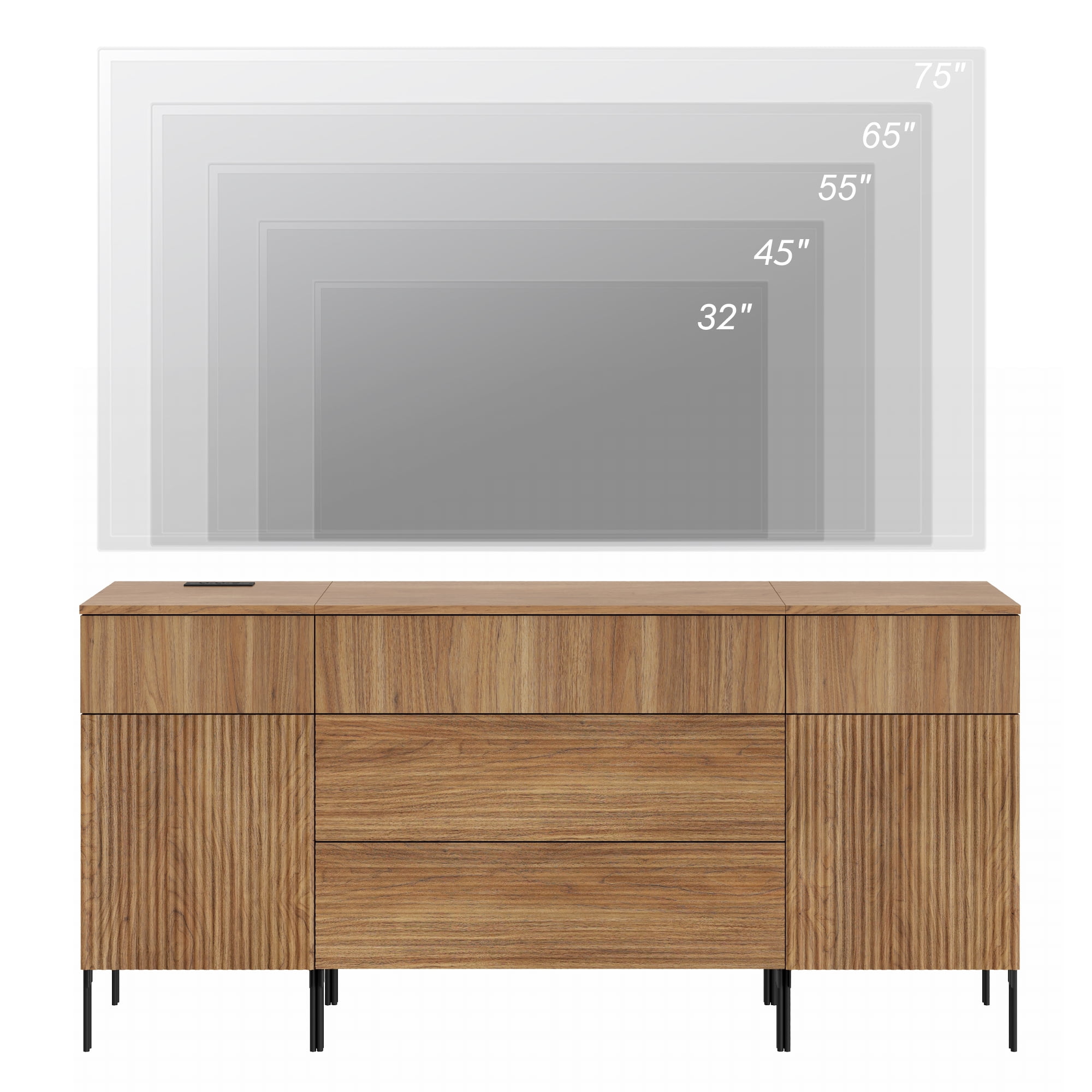 63" Reeded Accent Cabinet Set with Doors and Drawers, Modern Credenza Storage Cabinet with Charging Station for Living Room, Kitchen, Dining Room, Hallway