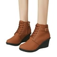 thumbnail image 4 of KIJBLAE Women's Wedge Boots Ankle Boots Lace Up Buckle Comfortable Shoes Suede Fall Winter Wedge Heel Round Toe Shoes Brown 36, 4 of 6