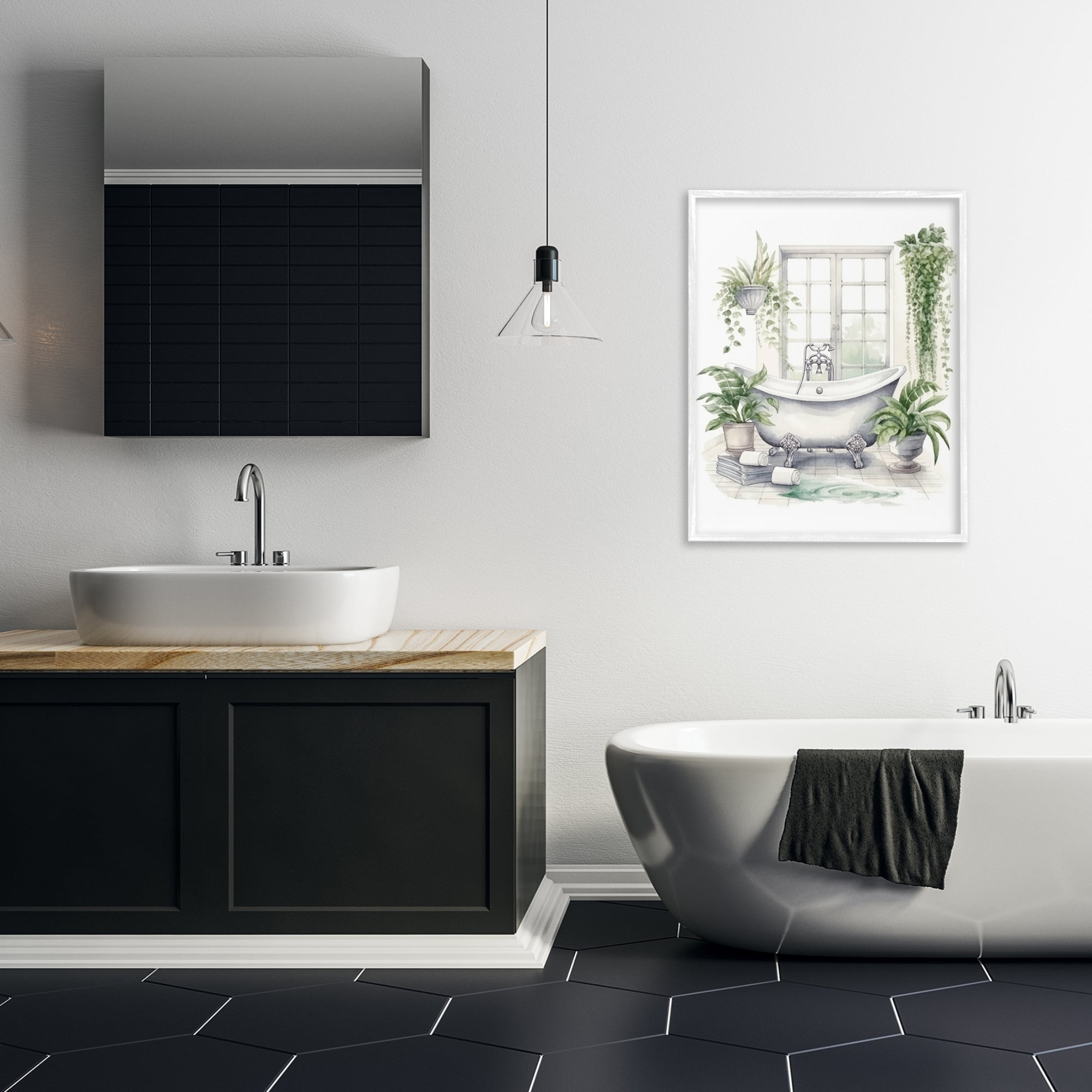 Lush Greenery Bathtub & Window White Framed Giclee Art, design by Lettered and Lined