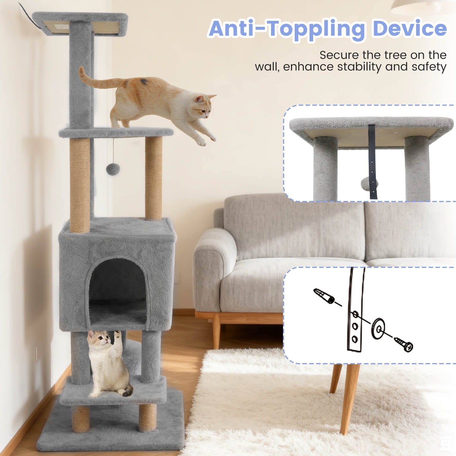 Costway 64” Tall Cat Tree with 2 Large Condos, Jute Scratching Posts, Plush Top Perch Light Gray