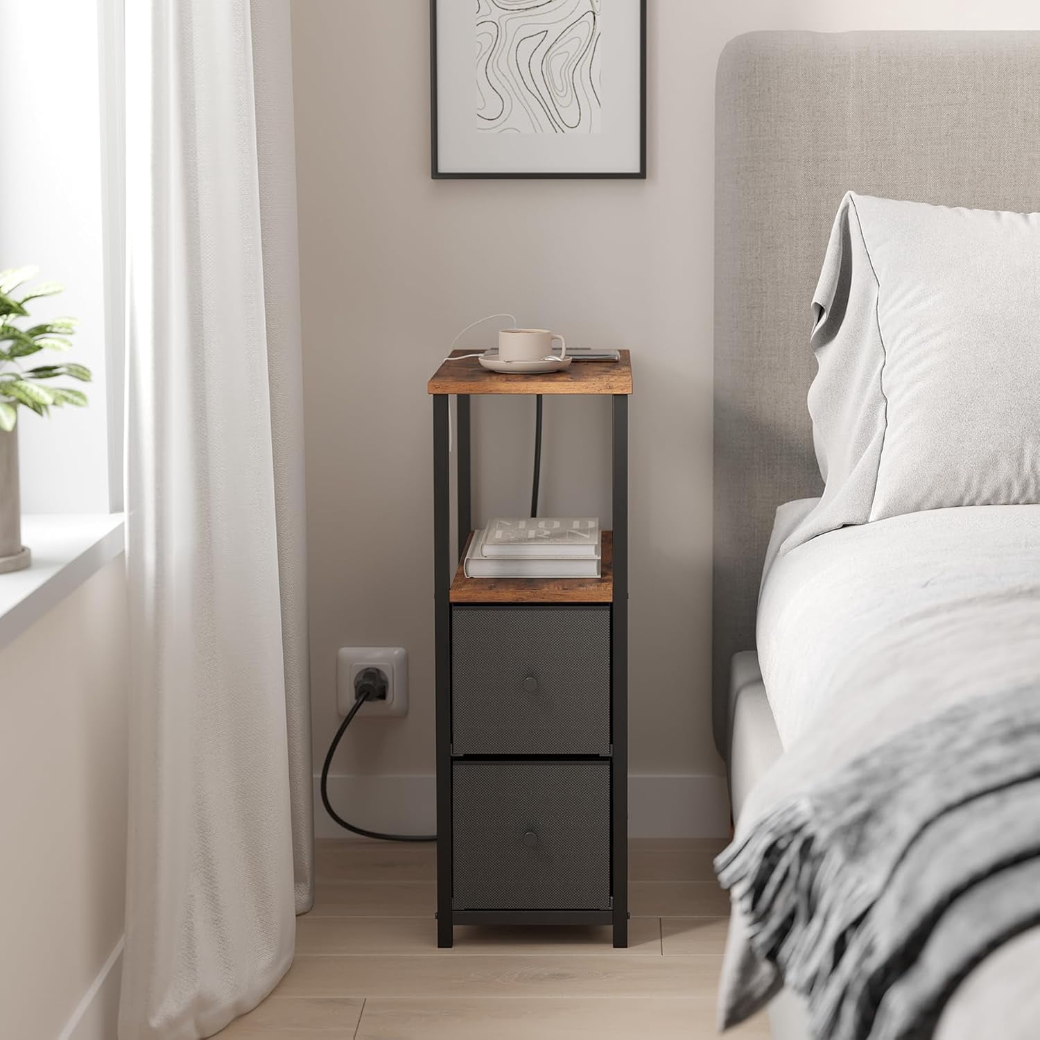 Small Narrow End Table with Charging Station, Set of 2, Side Table with Outlets, Nightstand with 2 Cloth Drawers, Couch Table, for Living Room, Bedroom, Bedside, Brown and Black
