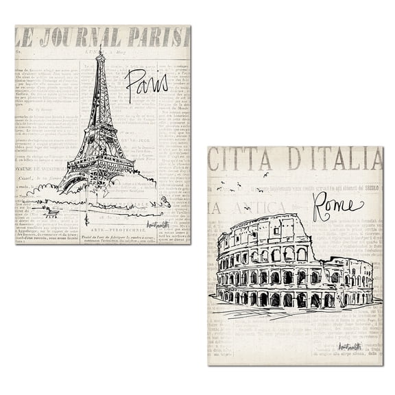 Trendy Newspaper-Style Paris and Rome Travel Monument Sketch Set by Anne Tavoletti; Two 11x14in Paper Posters