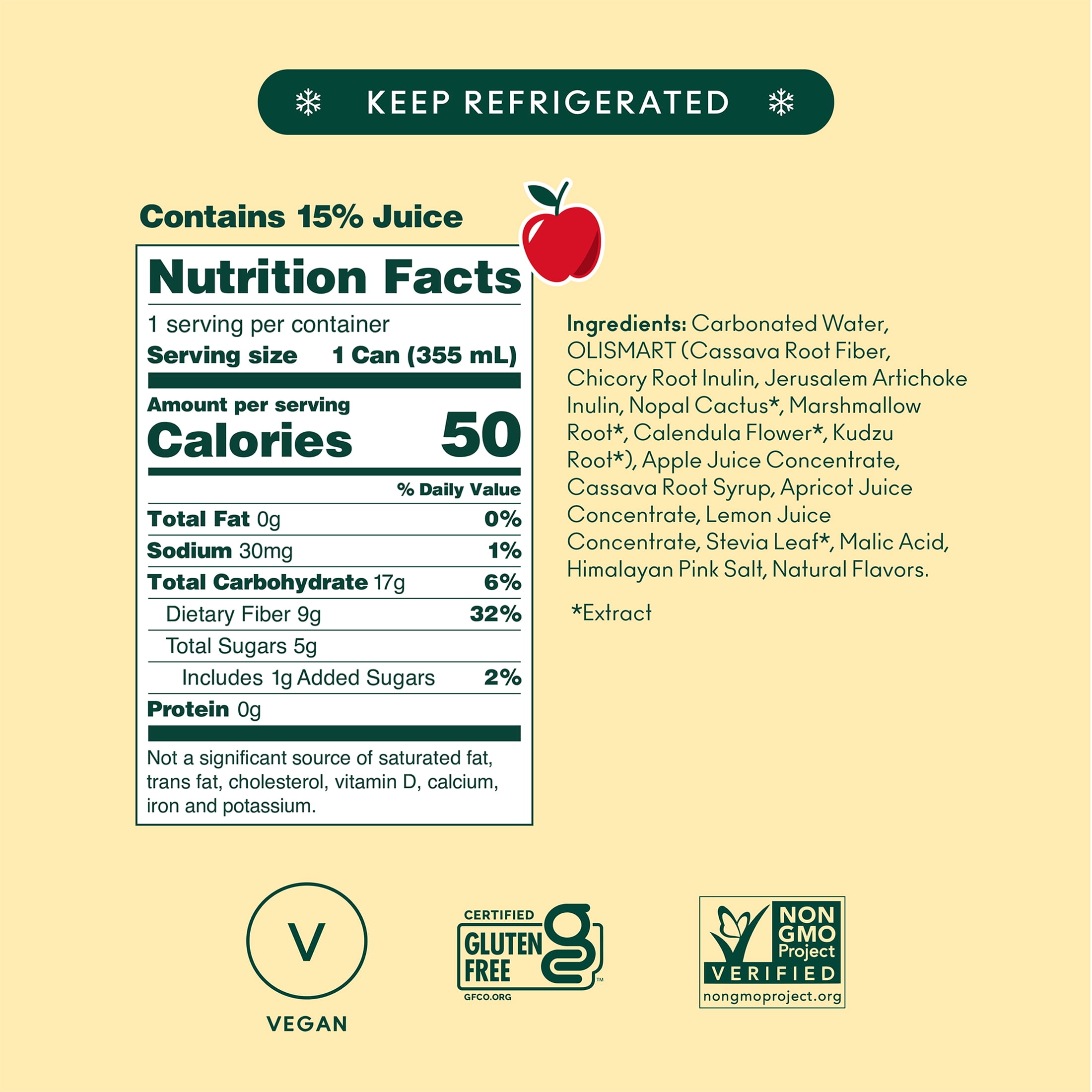 OLIPOP 9g Fiber Prebiotic Soda, Crisp Apple, 12 fl oz, Single, Refrigerated