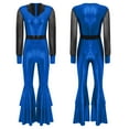 thumbnail image 3 of RUNQHUI Costume Brillant pour Femmes Tenue de Danse Disco Combishort Col à Revers Col en V Manches Longues Combinaison Évasée Bleu Royal TTG, 3 of 4