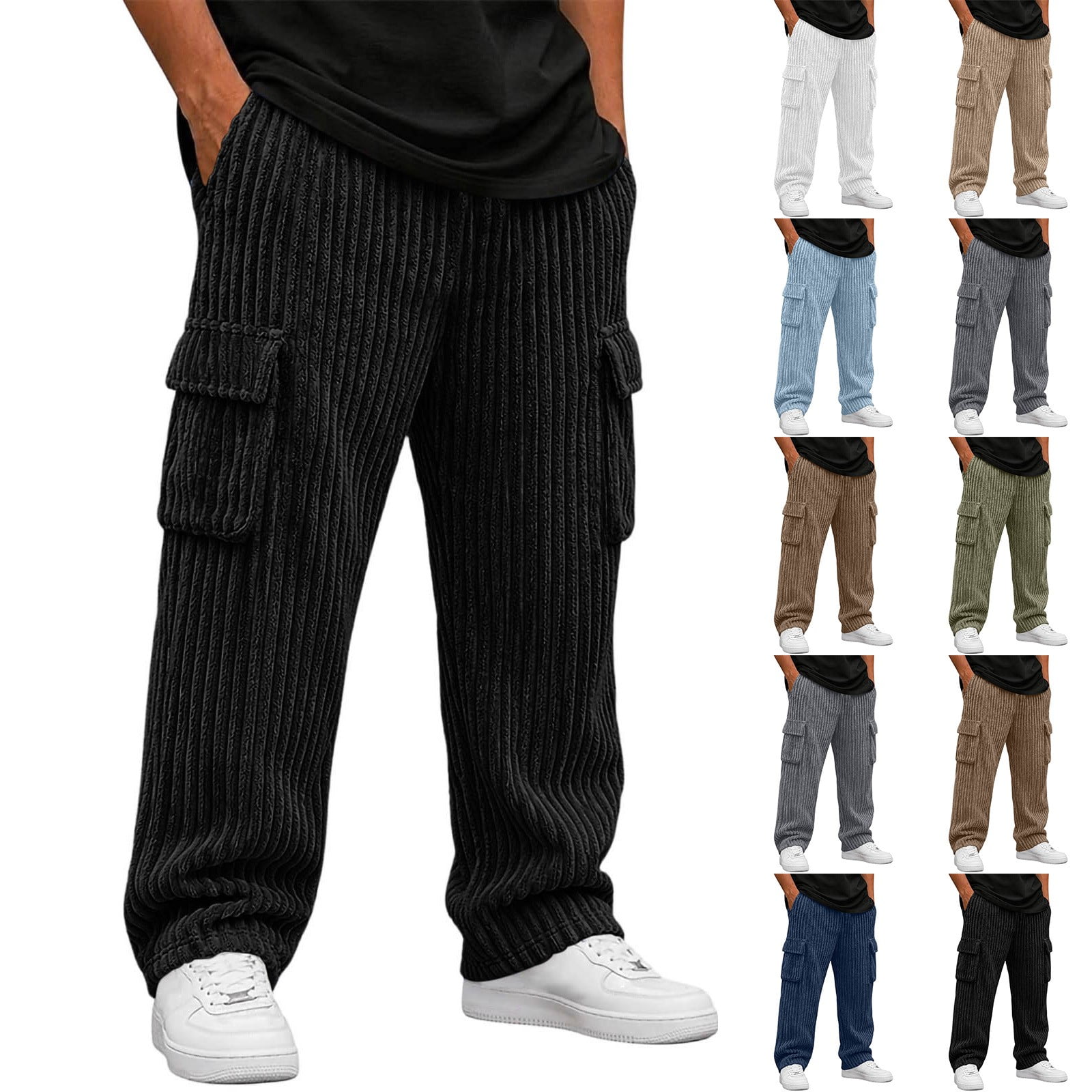 Dzrciro Cargo Pants for Men, Corduroy Elastic High Waist Straight Leg Pants with Multi Pockets, Hip Hop Streetwear Bottoms S-3XL