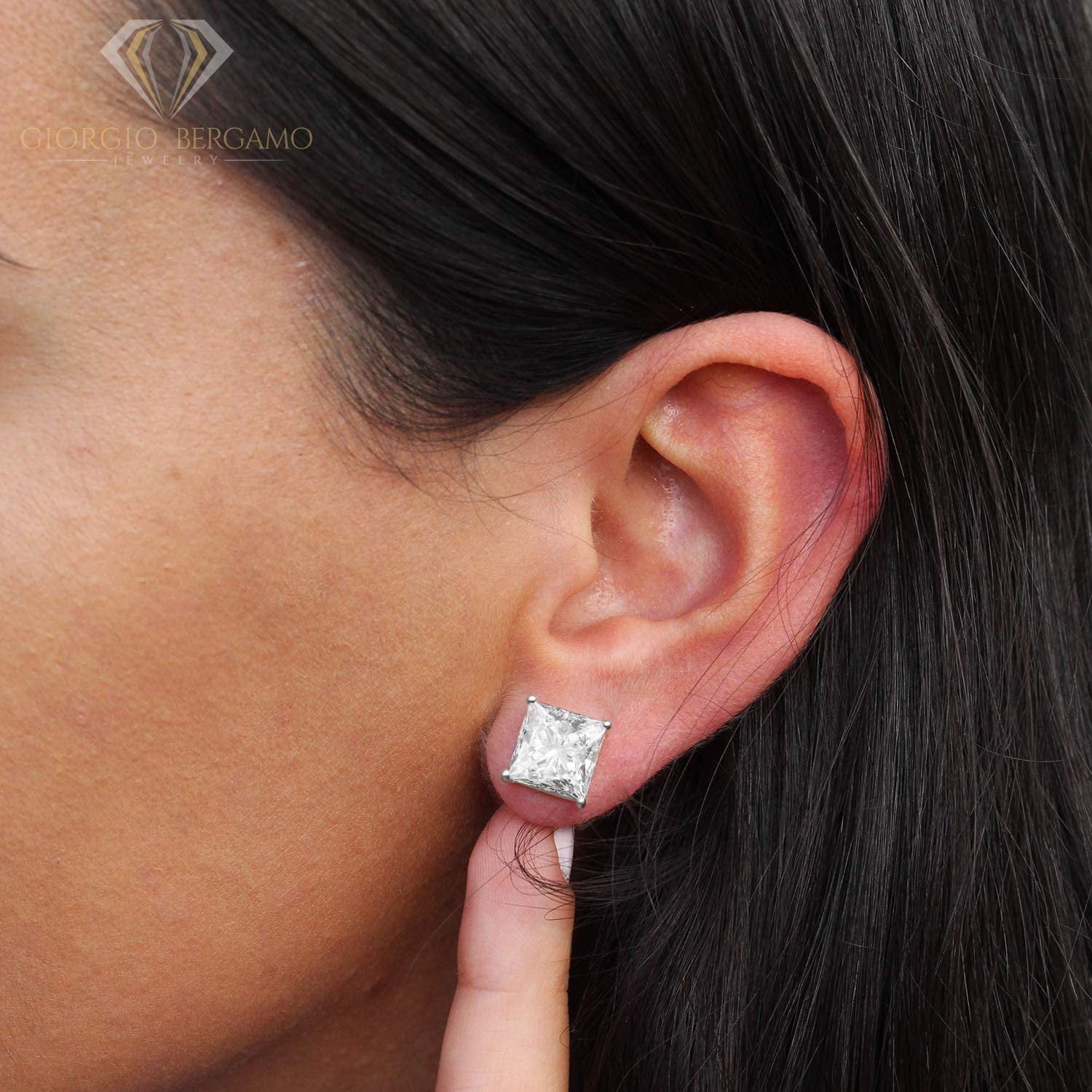 925 Sterling Silver 3mm - 10mm Princess Cut Square Rhodium Plated Unisex Classic Clear Cubic Zirconia CZ Stud Earrings, Giorgio Bergamo 9mm