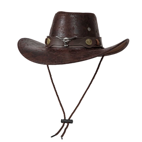 Fewfanhot Men's & Women's Faux Leather Cowboy Hat with Brown Bull Head Band, Adjustable Chin Strap Wide Brim Western Hat for Theme Party and Outdoor Activities
