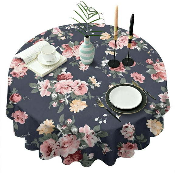 Pioneer Flower Floral Print Pattern Round Tablecloth 60"x60",Wrinkle Wipeable Table Cloth for Kitchen Dining Room Picnic Patio Party