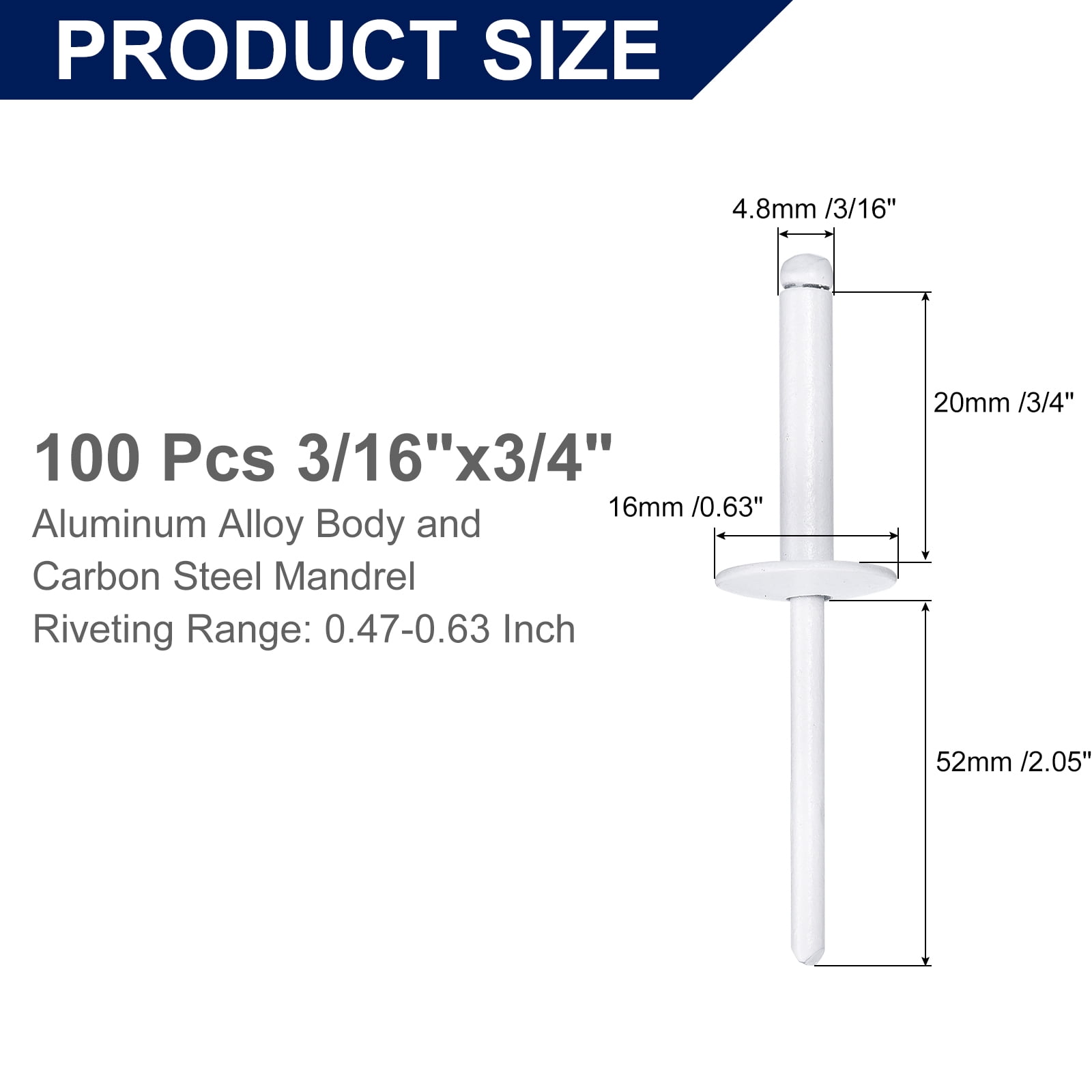 Uxcell 100Pcs 3/16"x3/4" Aluminum Blind Rivets, Large Flange Rivets Fasteners, White