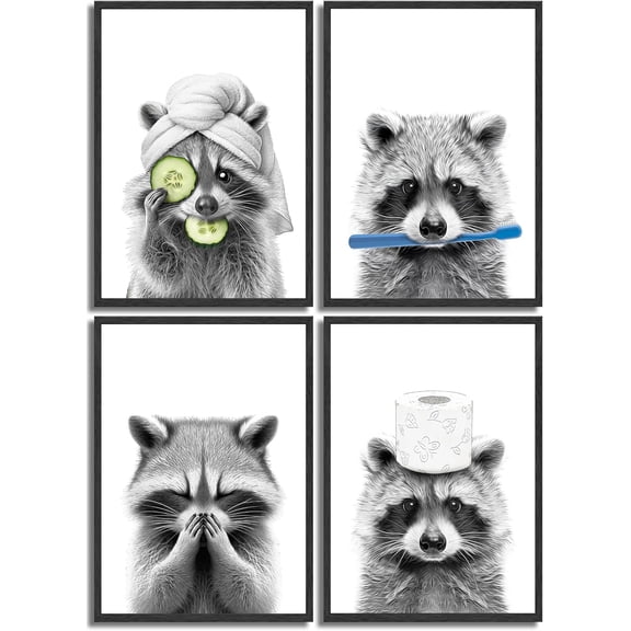 4Pcs Funny Bear Bathroom Canvas Wall Art Black And White Animal Wall Decor Picture Cute Bathroom Posters Prints for Restroom Washroom Dorm Laundry Room Decorations