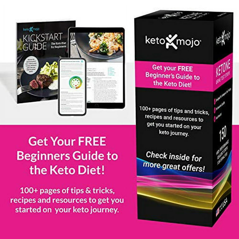 Keto Mojo 150 Ketone Test Strips with Free Keto Guide eBook & Free App. Urine Test for Ketosis On Ketogenic & Low-Carb Diets. Extra-Long Strips.
