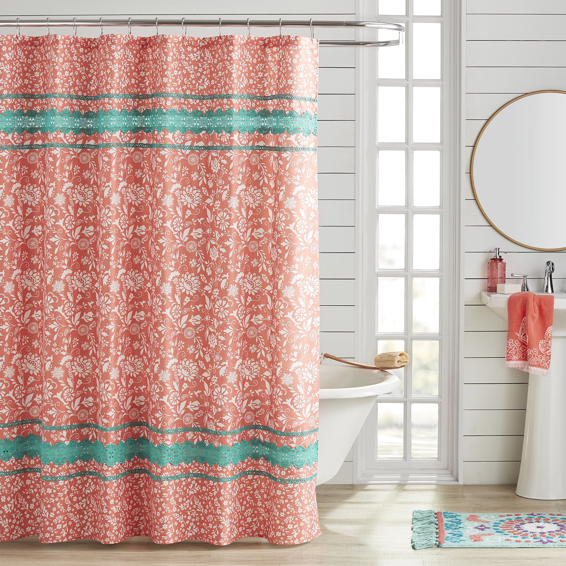 Red Flowers Shower Curtain Floral Print Fabric Bathroom Decor with Hooks 72"x72" 