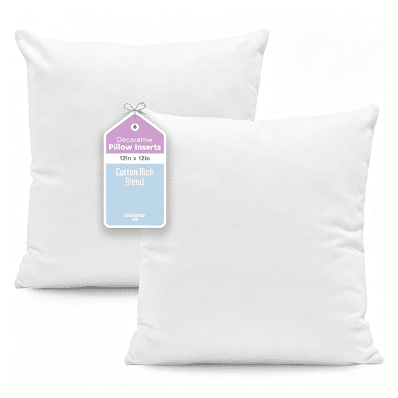 XIBUFE 2-Pack Decorative Throw Pillow Inserts 12"X12" - Soft,Supportive & Fluffy Cushion Fillers - Cotton Blend Cover with Plush Polyester Fill - Perfect for Sofa,Bed & Living Room - White