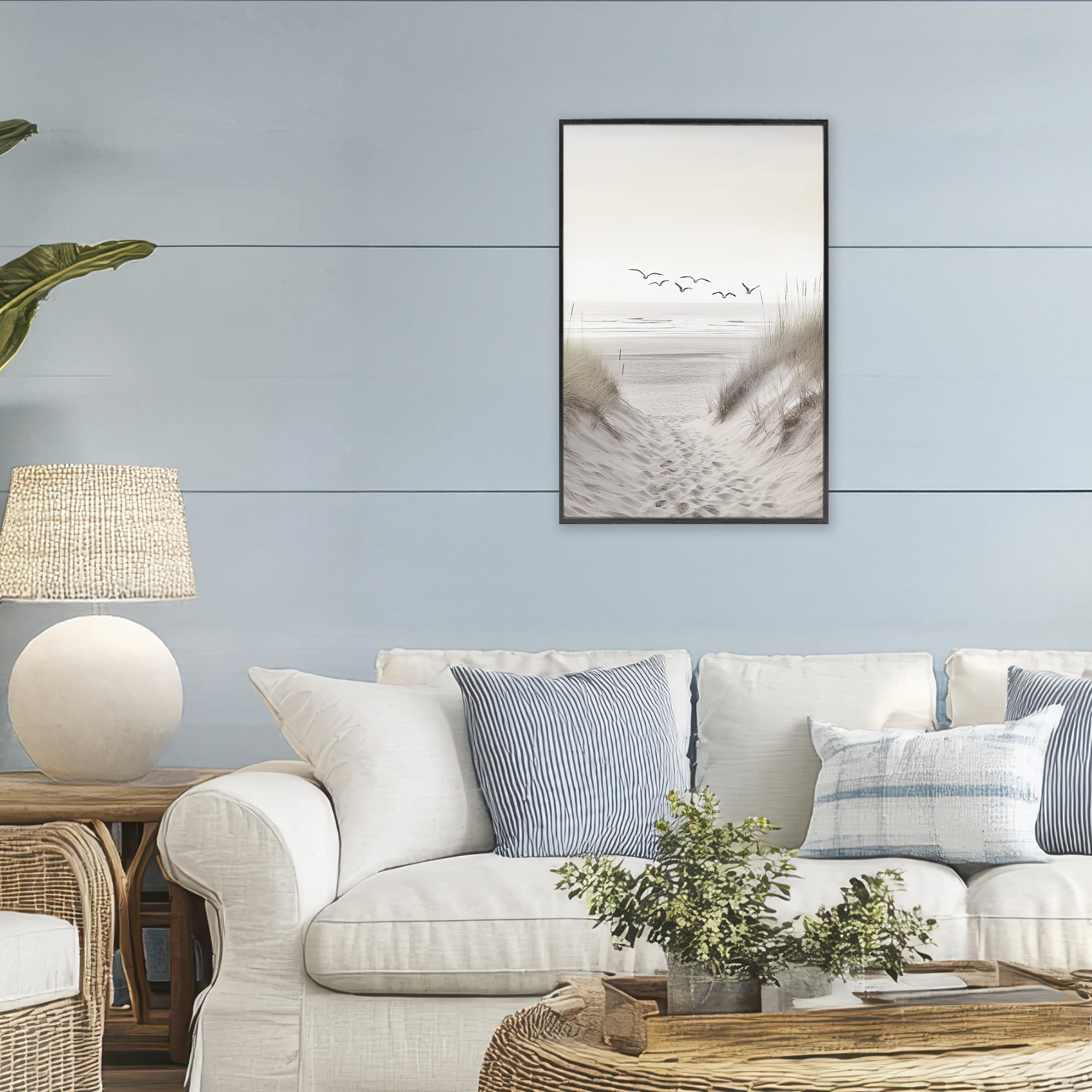 Seagulls over Sandy Footprints Black Framed Giclee Art, design by Decent Exposures