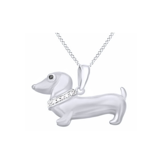 Black and White Natural Diamond Accent Dachshund Pendant Necklace in 14k White Gold Over Sterling Silver