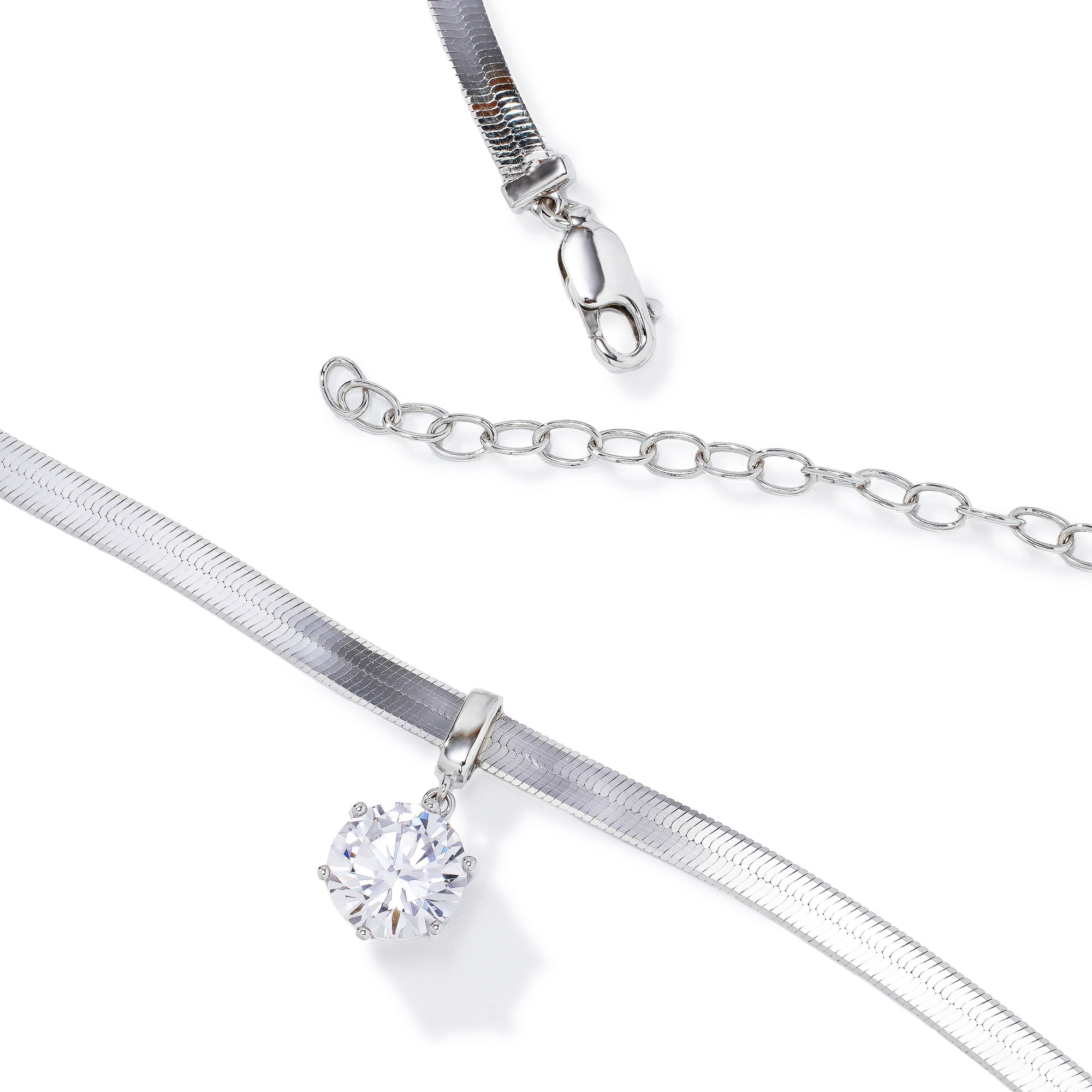 JTV White Cubic Zirconia Herringbone Chain Necklace, Platinum Over Sterling Silver, 2.97 ctw, 18 Inch