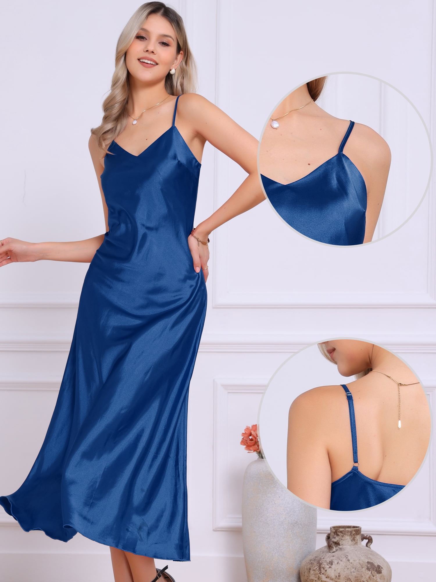 DARING DIVA Satin V Neck Spaghetti Strap Silky Maxi Dress M Royal Blue