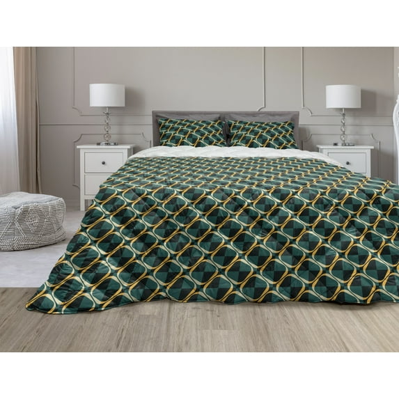 Geometric Comforter & Sham Bedding Set, Checkered Pattern in Dark Green Tones and Abstract Rings Lattice Grid Design, 3 pcs Duvet Set Microfiber Filling Quilt, 5 Sizes, Multicolor, by Ambesonne